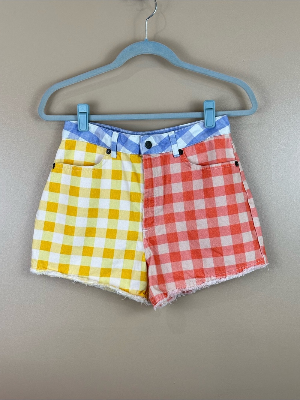Farm Rio for Anthropologie Gingham Checked Shorts Small Yellow Coral Blue
